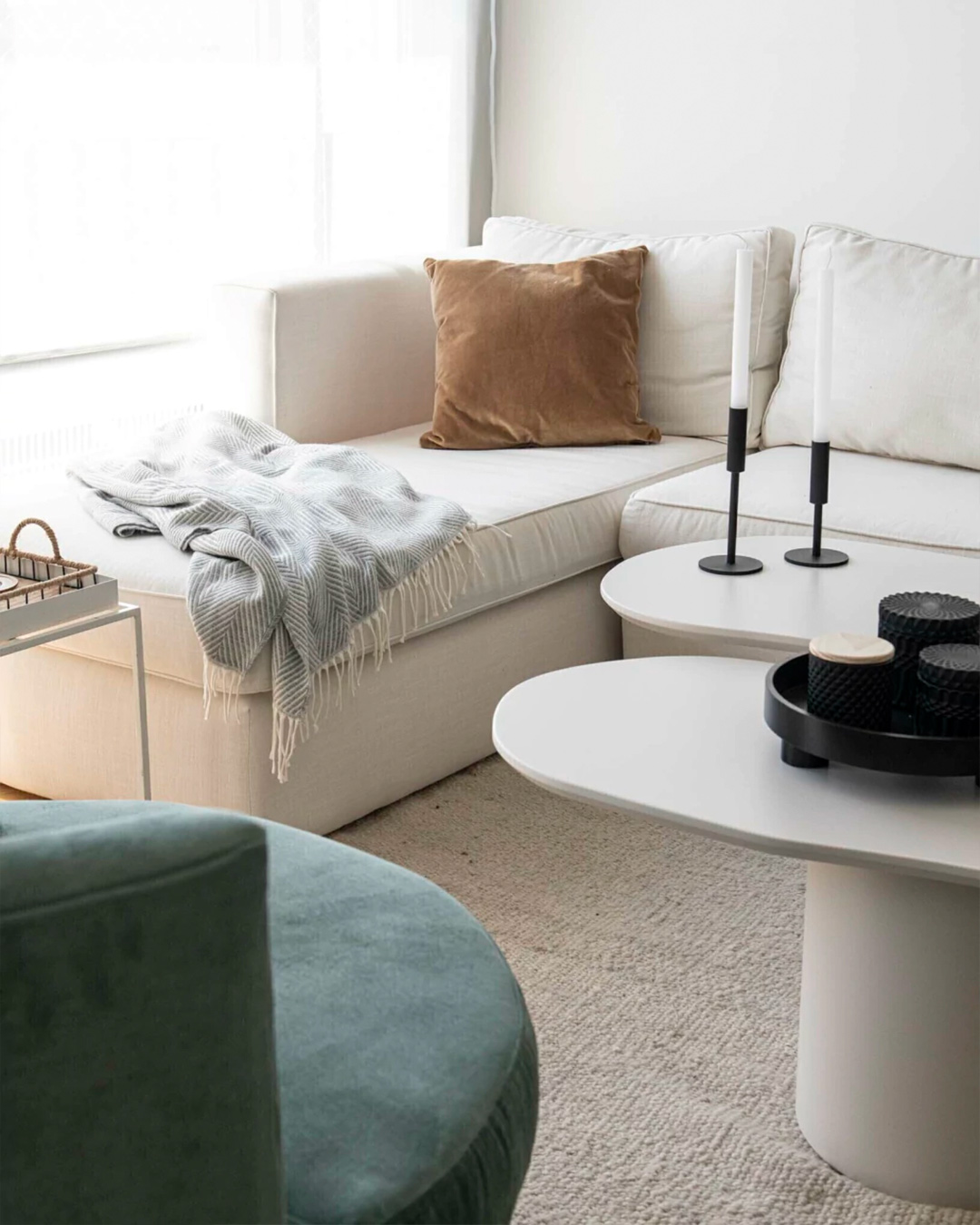 Solid Natural wool rug in minimalist living room with white sofa