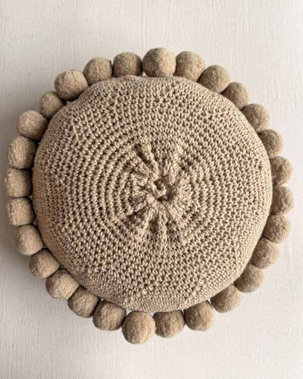 Round Pom Pom Cushion – Beige (L) - Image 2