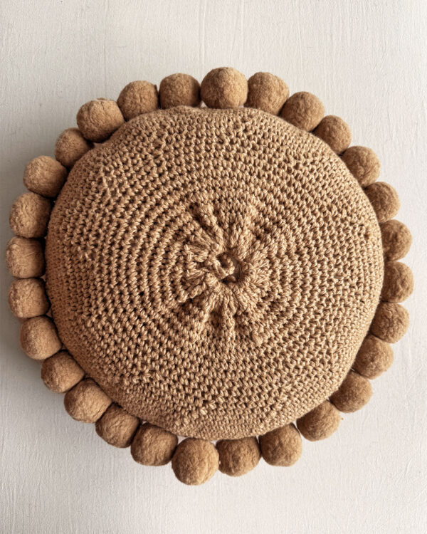 Round Pom Pom Cushion – Camel (L) - Image 2