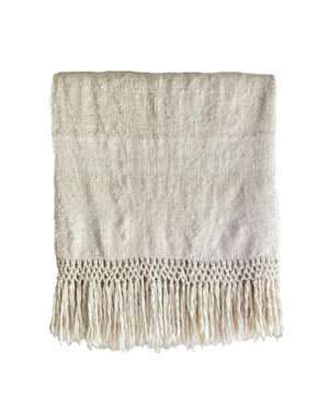 Natural white fringed llama throw blanket on a white background.