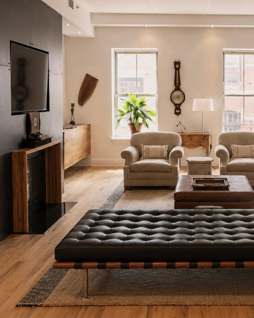 Tala flat weave rug beneath beige armchairs and a leather ottoman near a fireplace