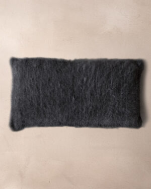 Handwoven llama lumbar pillow in Black undyed deep pile, top view