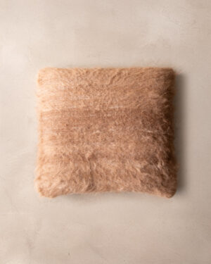 Undyed llama cushion in Camel, square shape with deep brushed pile, top view