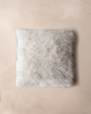 Handwoven llama cushion in Natural White undyed deep pile, top view